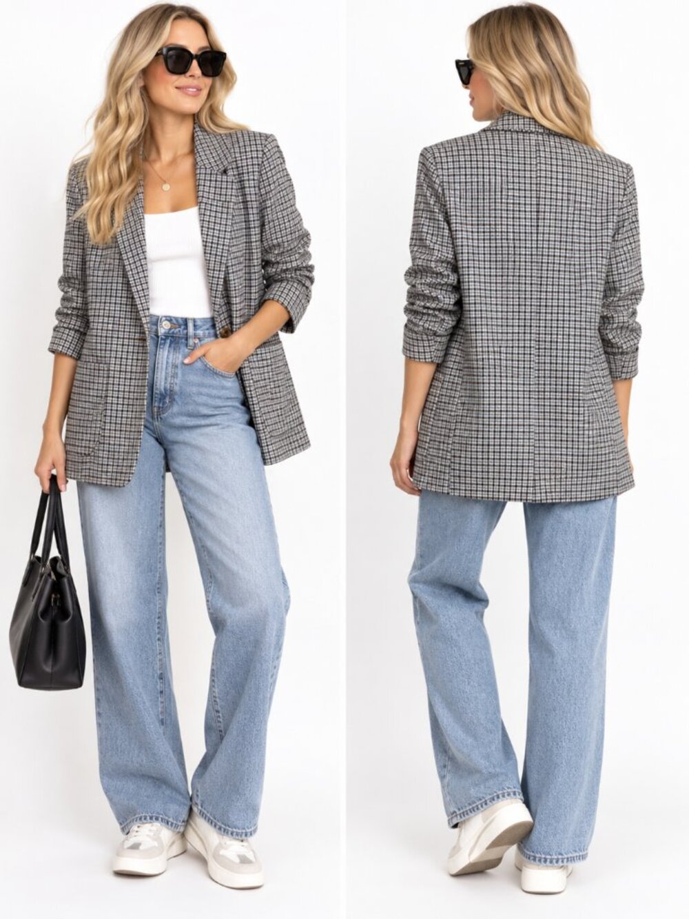 A New Day Plaid Single-Button Blazer Jacket Size S Longline Houndstooth Check